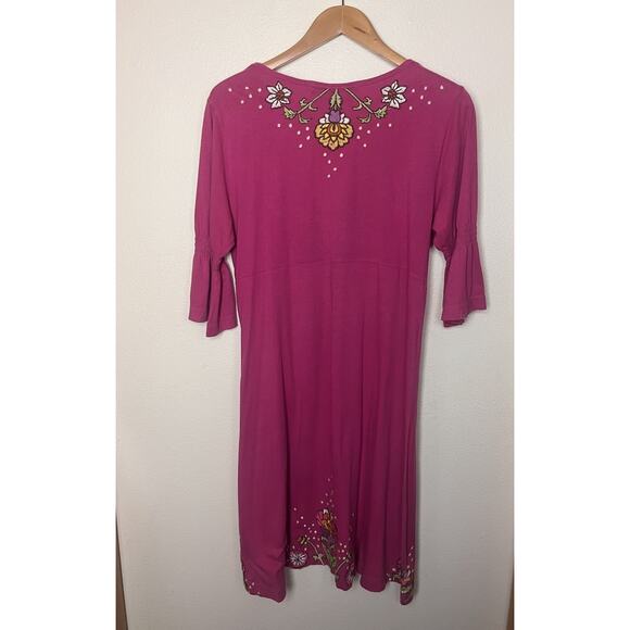 Johnny Was JWLA Embroidered Smocked Cotton Dress Sz Large Pink Floral Boho - Picture 6 of 9